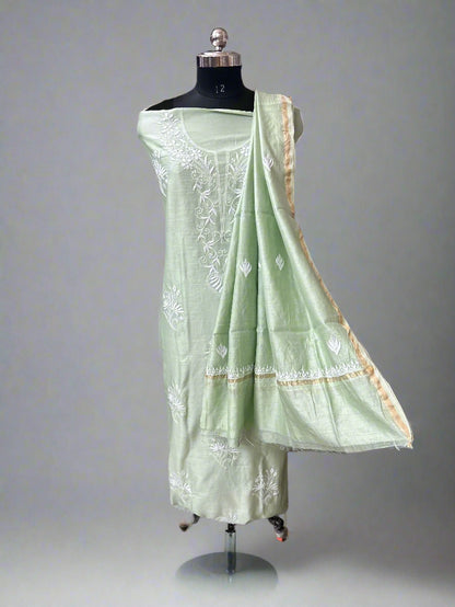 Lucknowi Chikankari Unstitched Green Chanderi Kurta-Dupatta Fabric-PG400049
