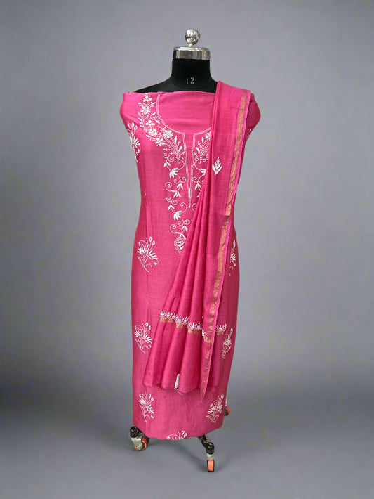 Lucknowi Chikankari Unstitched Dark Pink Chanderi Kurta-Dupatta Fabric-PG400052