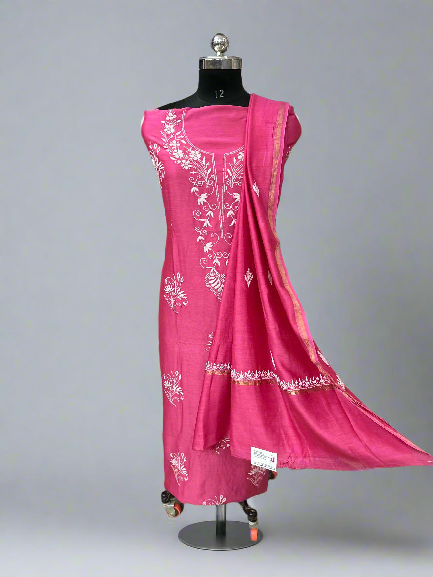 Lucknowi Chikankari Unstitched Dark Pink Chanderi Kurta-Dupatta Fabric-PG400052
