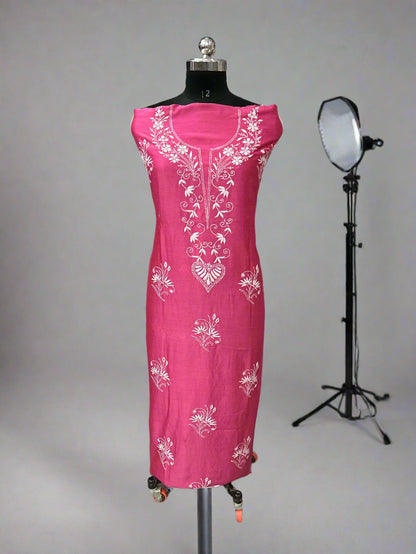 Lucknowi Chikankari Unstitched Dark Pink Chanderi Kurta-Dupatta Fabric-PG400052