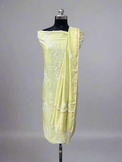 Lucknowi Chikankari Unstitched Greenish Yellow Chanderi Kurta-Dupatta Fabric-PG400050