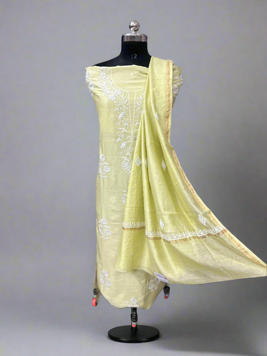 Lucknowi Chikankari Unstitched Greenish Yellow Chanderi Kurta-Dupatta Fabric-PG400050