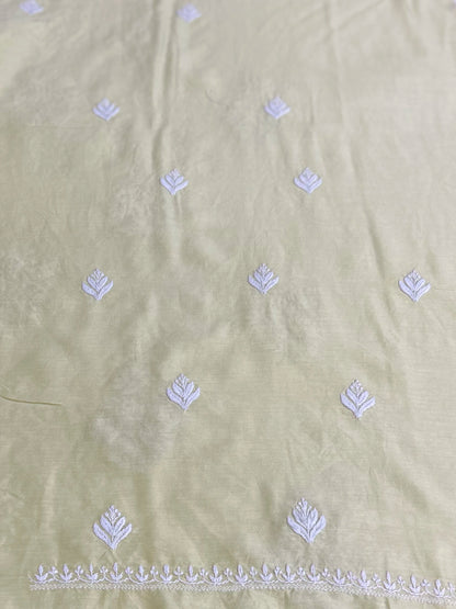 Lucknowi Chikankari Unstitched Greenish Yellow Chanderi Kurta-Dupatta Fabric-PG400050