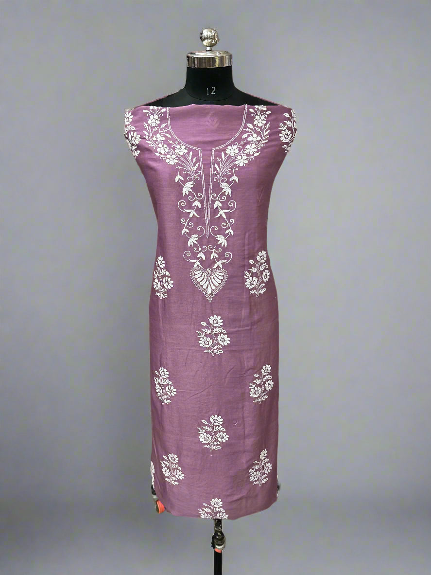 Lucknowi Chikankari Unstitched Mauve Chanderi Kurta-Dupatta Fabric-PG400051