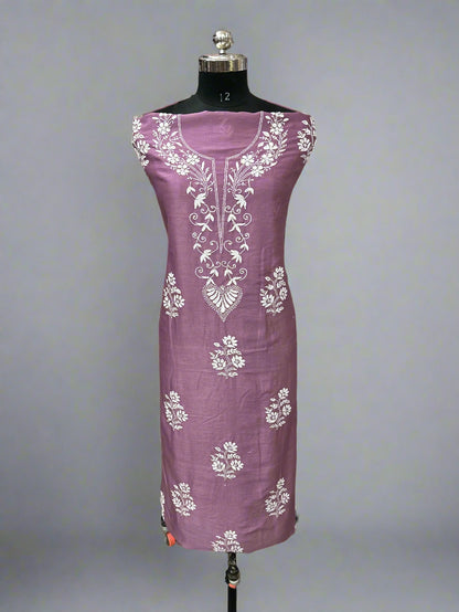 Lucknowi Chikankari Unstitched Mauve Chanderi Kurta-Dupatta Fabric-PG400051