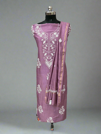 Lucknowi Chikankari Unstitched Mauve Chanderi Kurta-Dupatta Fabric-PG400051