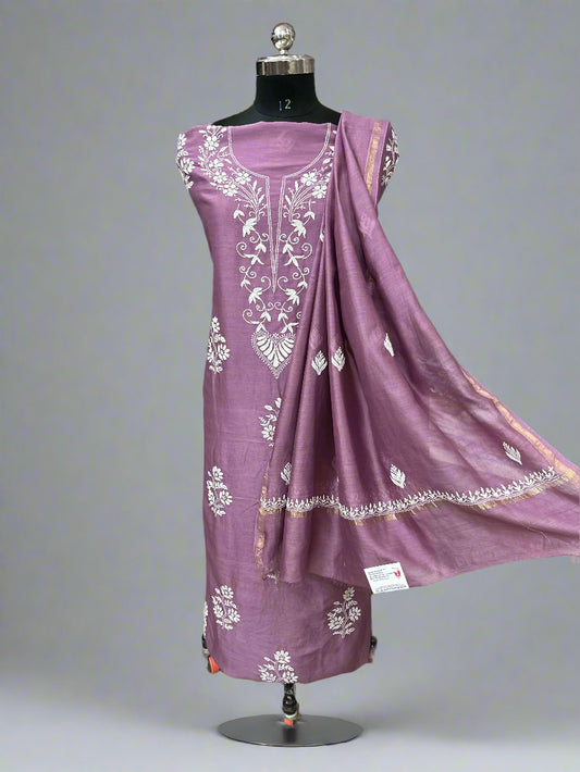 Lucknowi Chikankari Unstitched Mauve Chanderi Kurta-Dupatta Fabric-PG400051
