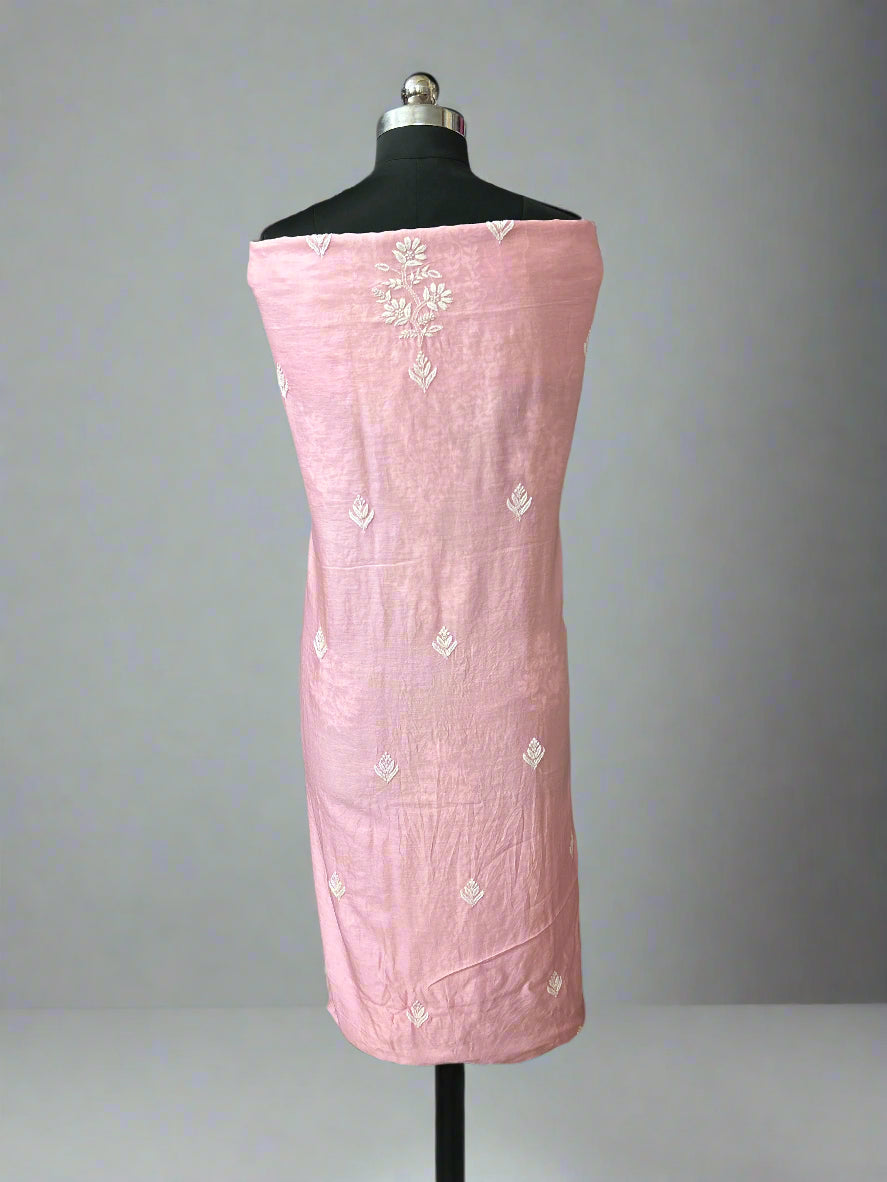 Lucknowi Chikankari Unstitched Pink Chanderi Kurta-Dupatta Fabric-PG400056