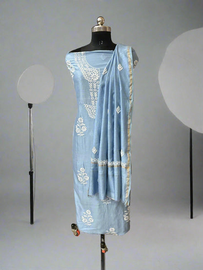Lucknowi Chikankari Unstitched Blue Chanderi Kurta-Dupatta Fabric-PG400054
