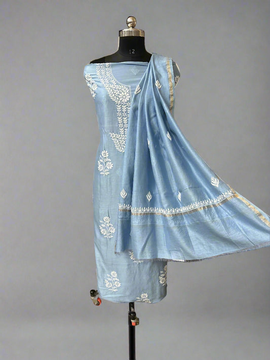 Lucknowi Chikankari Unstitched Blue Chanderi Kurta-Dupatta Fabric-PG400054