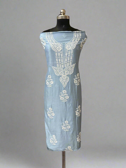 Lucknowi Chikankari Unstitched Blue Chanderi Kurta-Dupatta Fabric-PG400054