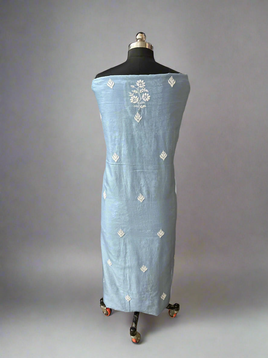 Lucknowi Chikankari Unstitched Blue Chanderi Kurta-Dupatta Fabric-PG400054