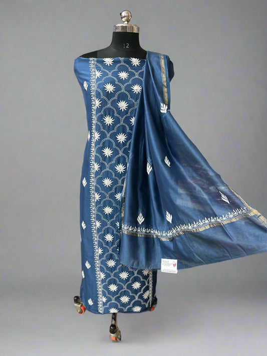 Lucknowi Chikankari Unstitched Blue Chanderi Kurta-Dupatta Fabric-PG400055