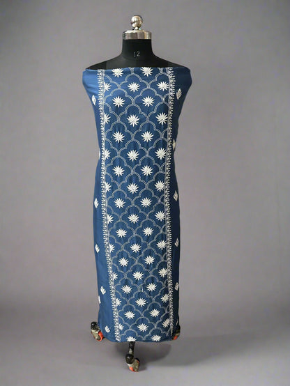 Lucknowi Chikankari Unstitched Blue Chanderi Kurta-Dupatta Fabric-PG400055