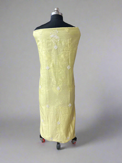 Lucknowi Chikankari Unstitched Yellow Chanderi Kurta-Dupatta Fabric-PG400053