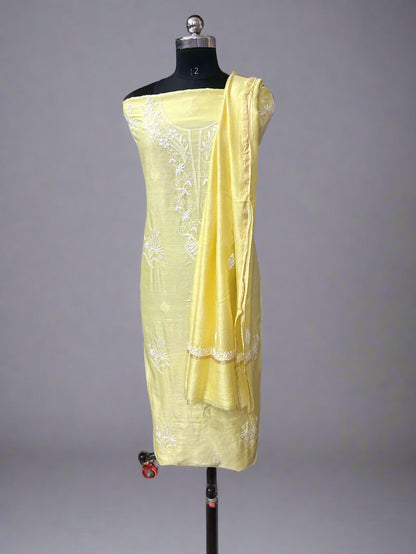 Lucknowi Chikankari Unstitched Yellow Chanderi Kurta-Dupatta Fabric-PG400053