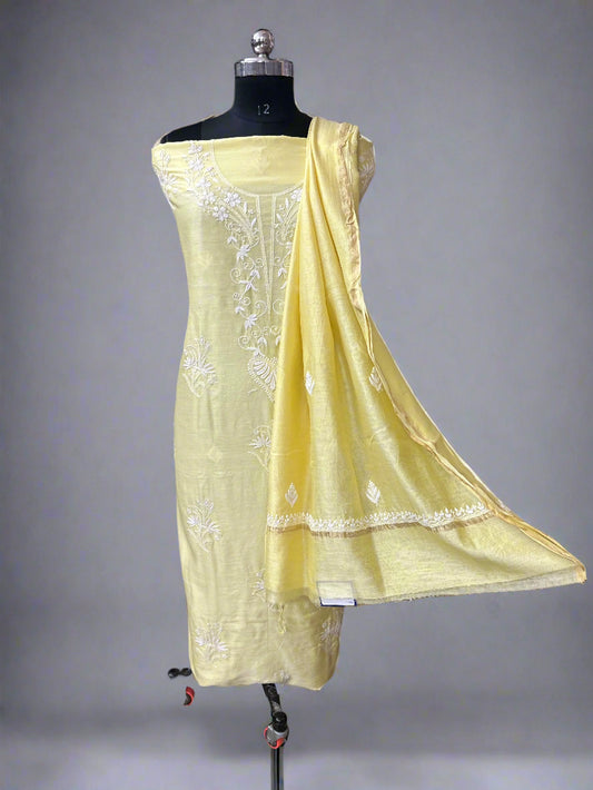 Lucknowi Chikankari Unstitched Yellow Chanderi Kurta-Dupatta Fabric-PG400053
