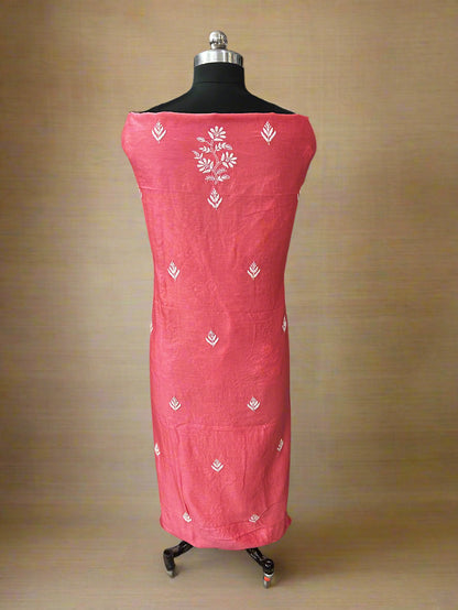 Lucknowi Chikankari Unstitched Coral Pink Chanderi Kurta-Dupatta Fabric-PG400059