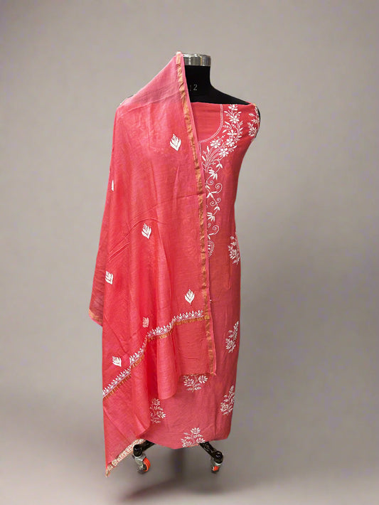 Lucknowi Chikankari Unstitched Coral Pink Chanderi Kurta-Dupatta Fabric-PG400059