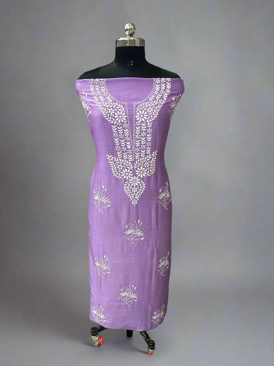 Lucknowi Chikankari Unstitched Purple Chanderi Kurta-Dupatta Fabric-PG400057
