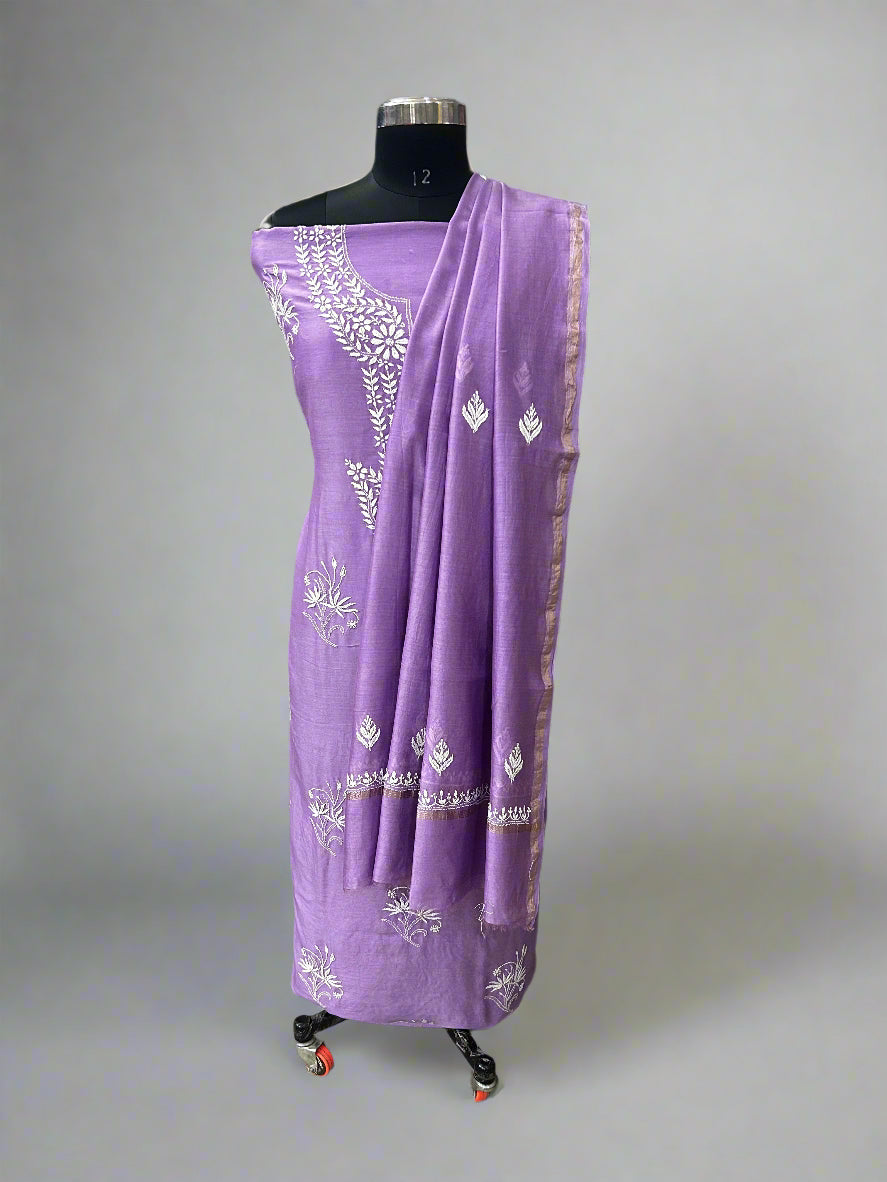 Lucknowi Chikankari Unstitched Purple Chanderi Kurta-Dupatta Fabric-PG400057