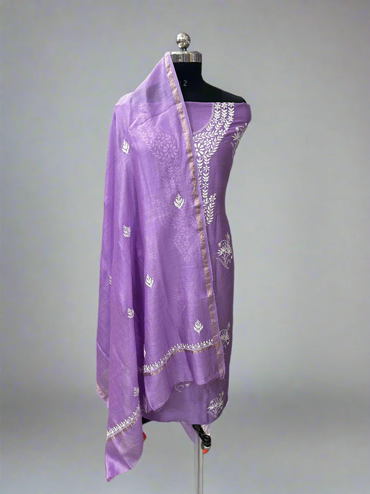 Lucknowi Chikankari Unstitched Purple Chanderi Kurta-Dupatta Fabric-PG400057
