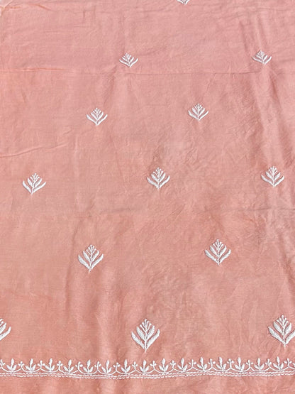 Lucknowi Chikankari Unstitched Peach Chanderi Kurta-Dupatta Fabric-PG400060