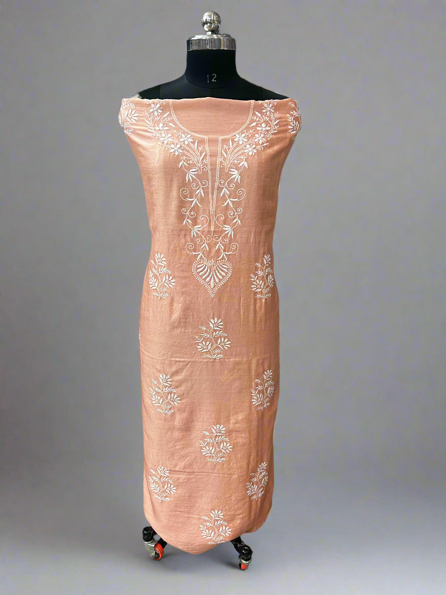 Lucknowi Chikankari Unstitched Peach Chanderi Kurta-Dupatta Fabric-PG400060