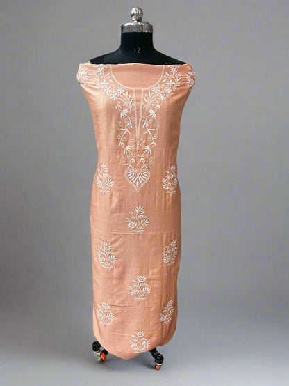 Lucknowi Chikankari Unstitched Peach Chanderi Kurta-Dupatta Fabric-PG400060