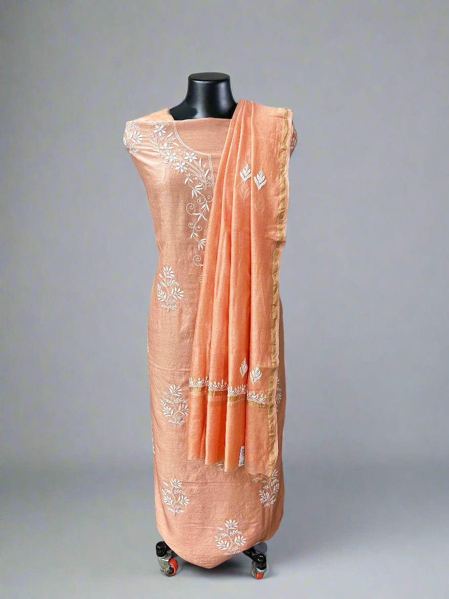 Lucknowi Chikankari Unstitched Peach Chanderi Kurta-Dupatta Fabric-PG400060
