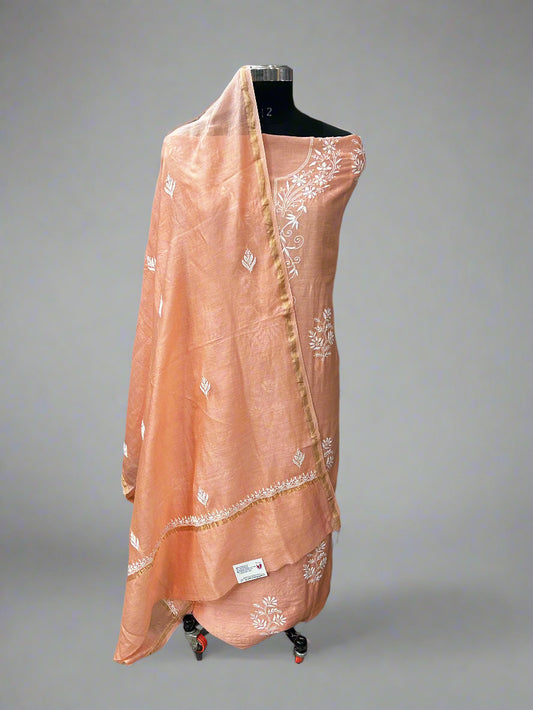 Lucknowi Chikankari Unstitched Peach Chanderi Kurta-Dupatta Fabric-PG400060