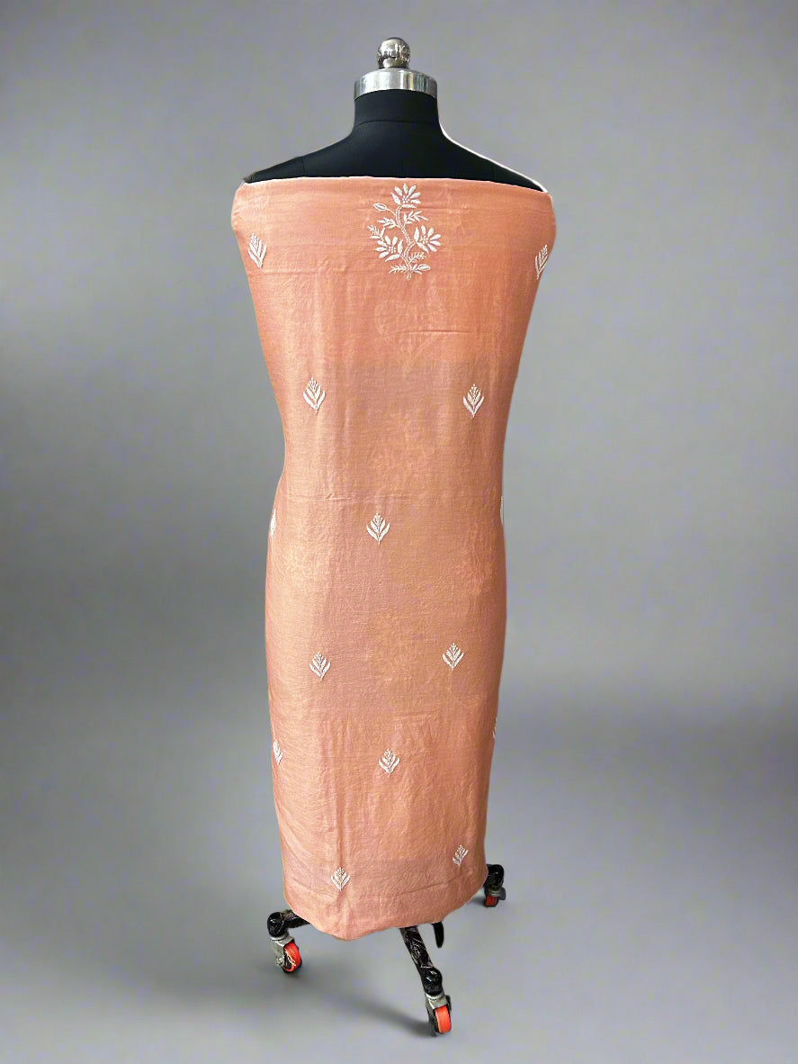 Lucknowi Chikankari Unstitched Peach Chanderi Kurta-Dupatta Fabric-PG400060