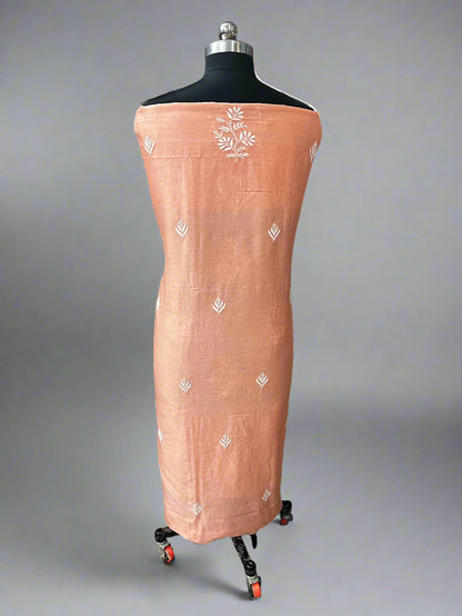 Lucknowi Chikankari Unstitched Peach Chanderi Kurta-Dupatta Fabric-PG400060