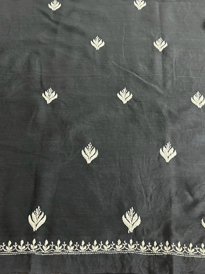 Lucknowi Chikankari Unstitched Grey Chanderi Kurta-Dupatta Fabric-PG400058