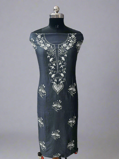 Lucknowi Chikankari Unstitched Grey Chanderi Kurta-Dupatta Fabric-PG400058
