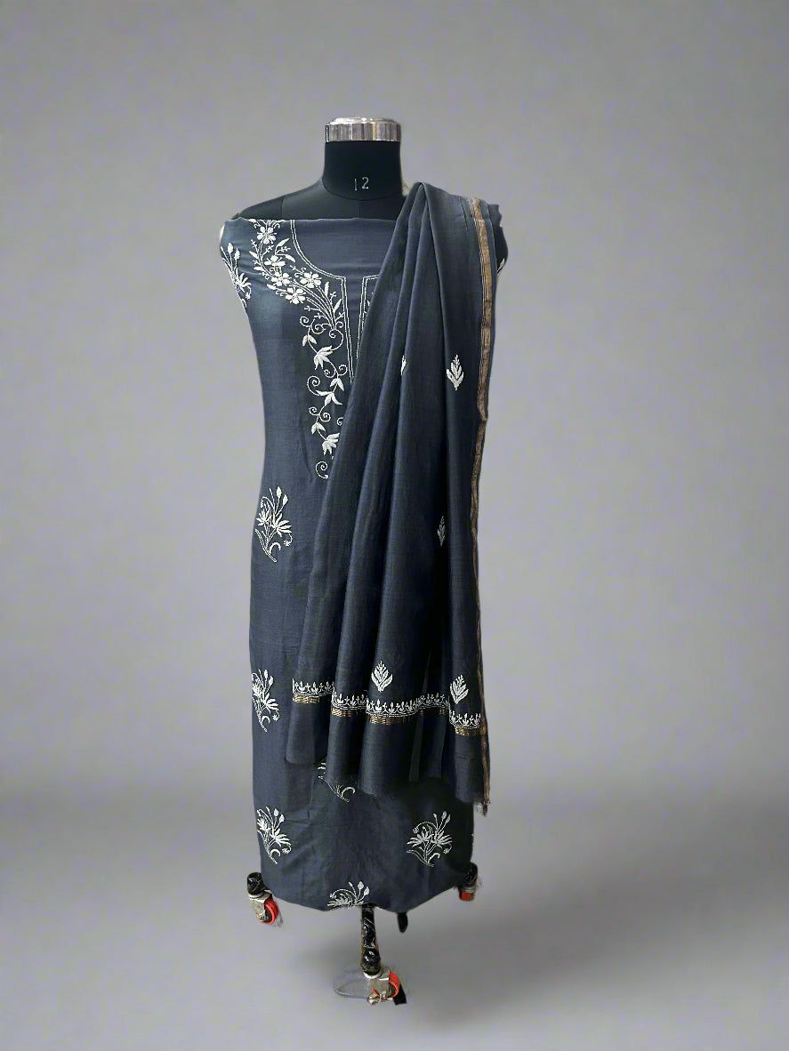 Lucknowi Chikankari Unstitched Grey Chanderi Kurta-Dupatta Fabric-PG400058