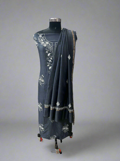Lucknowi Chikankari Unstitched Grey Chanderi Kurta-Dupatta Fabric-PG400058