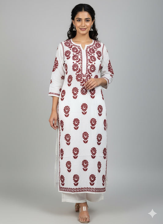 Lucknowi Chikankari White Chanderi Kurti-K000182