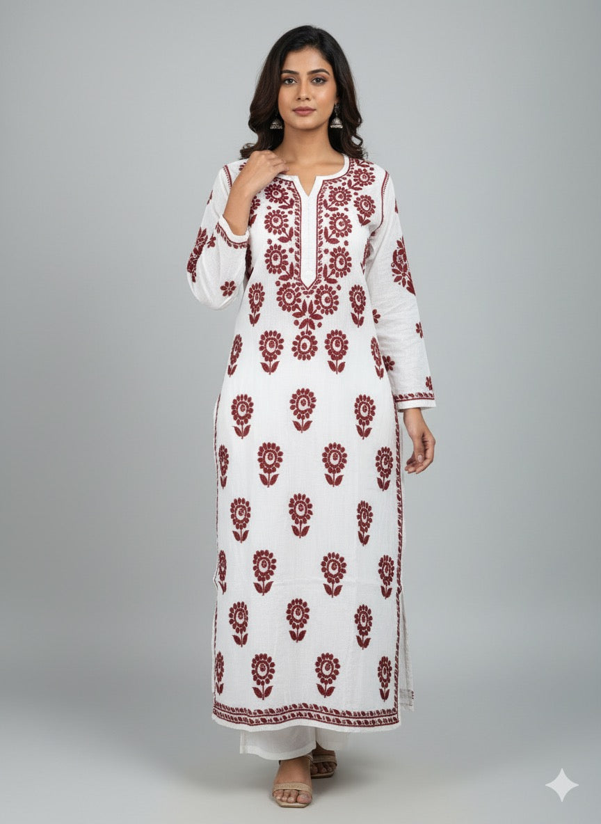 Lucknowi Chikankari White Chanderi Kurti-K000182