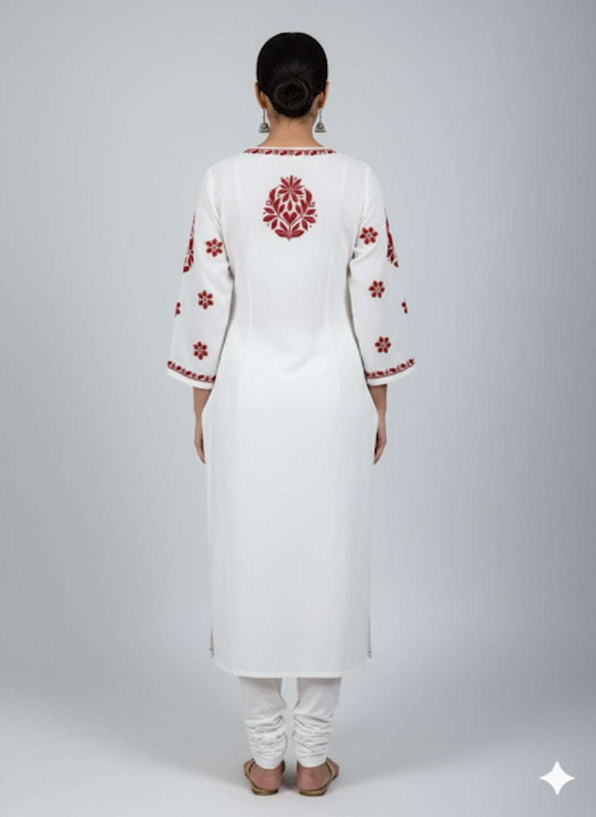 Lucknowi Chikankari White Chanderi Kurti-K000182