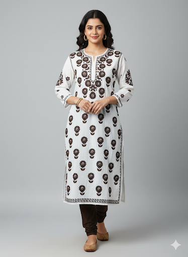 Lucknowi Chikankari White Chanderi Kurti-K000183