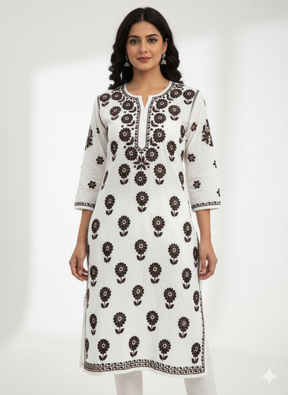 Lucknowi Chikankari White Chanderi Kurti-K000183