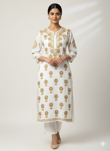 Lucknowi Chikankari White Chanderi Kurti-K50081