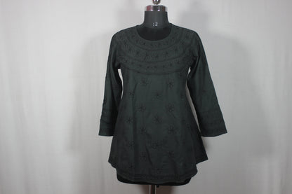 Lucknowi Chikankari Black Cotton Short Kurti-T50001