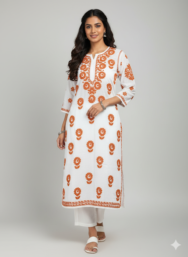 Lucknowi Chikankari White Chanderi Kurti-K40088