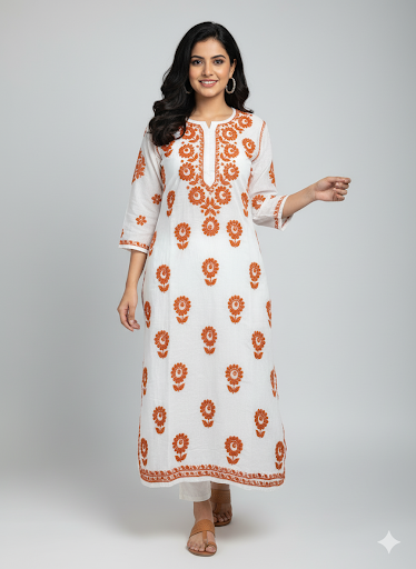 Lucknowi Chikankari White Chanderi Kurti-K40088