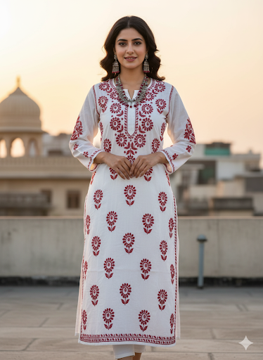 Lucknowi Chikankari White Chanderi Kurti-K30074