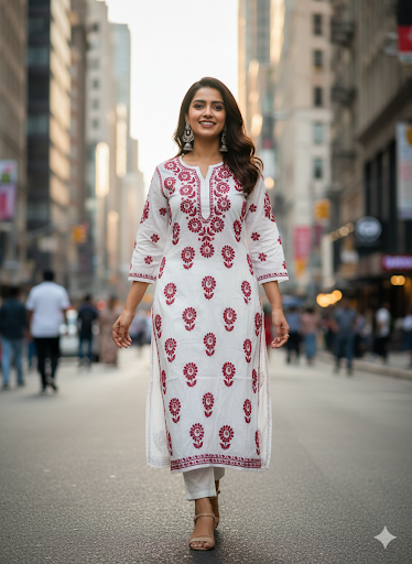 Lucknowi Chikankari White Chanderi Kurti-K30074