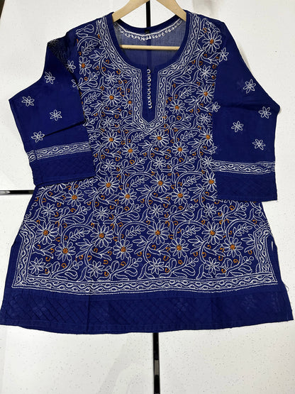 Lucknowi Chikankari Blue 'Aab-e-Asmaan' Cotton Short Kurti-T30011