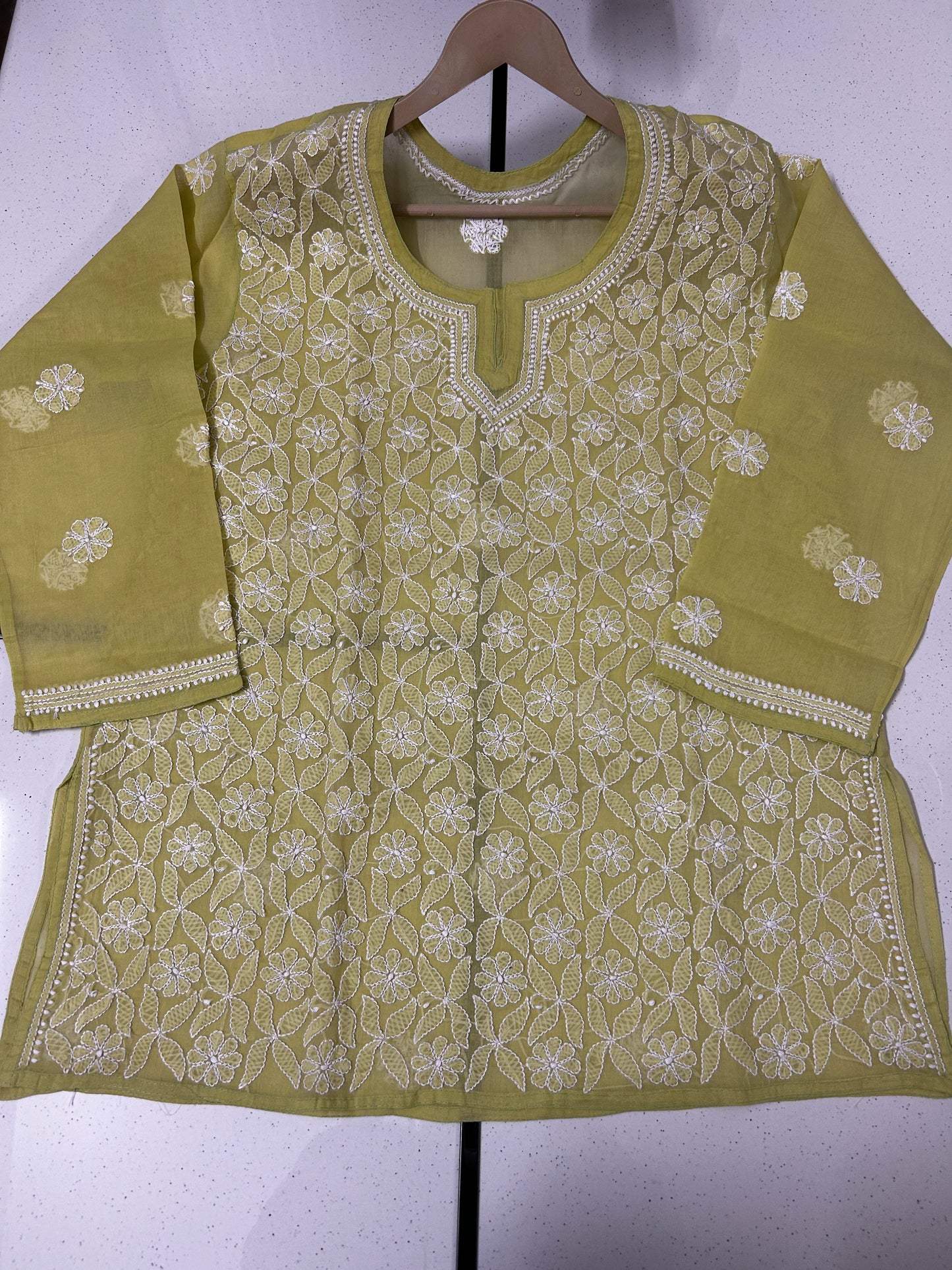 Lucknowi Chikankari Green 'Bahar' Cotton Short Kurti-T50025